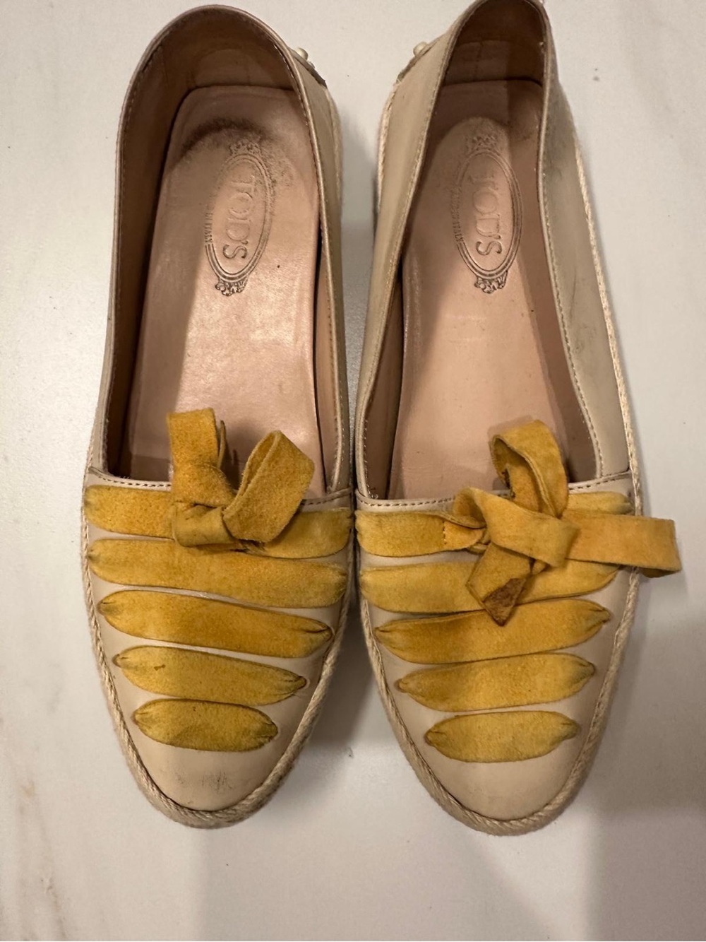 Tod's Cream Leather Loafers with Mustard Suede Accents